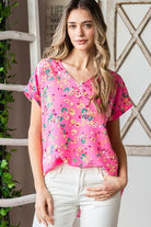 Heimish Pink Multi Color Animal print V-Neck Short Sleeve Blouse