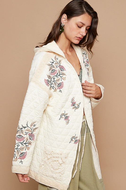 POL Embroidered Open Front Quilted Hooded Jacket with Crochet Pockets Coats & Jackets