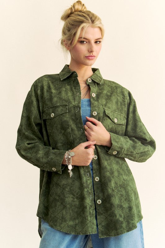 Davi & Dani Army Green Curved Hem Diamond Quilted Button Up Denim Shacket Army Green Trendsi