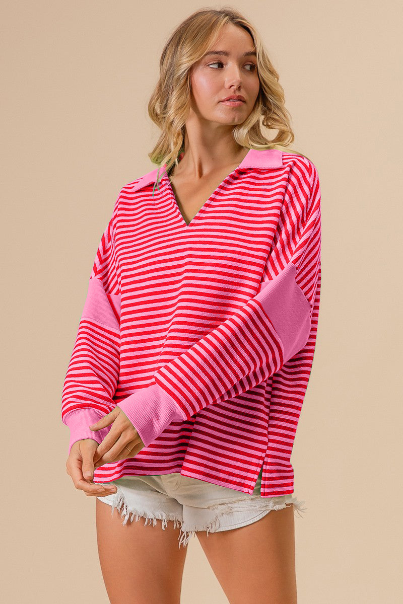 BiBi Pink Striped Contrast Long Sleeve Knit Top Trendsi