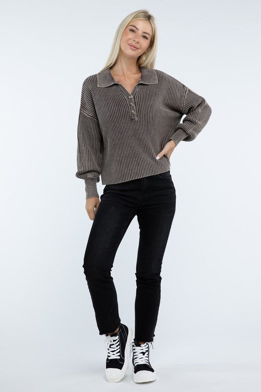 Zenana Washed Collared Henley Sweater in 6 Colors! ZENANA