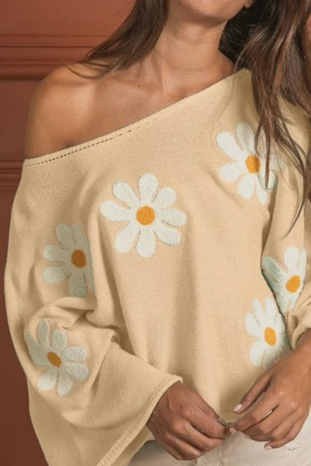 BiBi Oatmeal Flower Embroidery Loose Fit Knit Top
