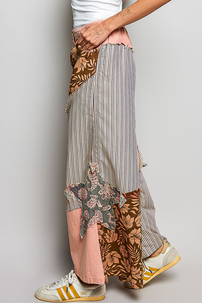 POL Peach Multi Striped Floral Patchwork Wide leg Pants with Side Big Star Patch