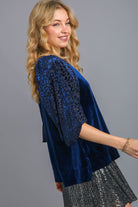 Umgee Navy Velvet Round Neck Leopard Balloon Sleeve Blouse Shirts & Tops