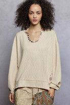 POL Powered Almond Balloon Sleeve Oversized Ribbed Top with Floral Pattern Contrast POWDER ALMOND