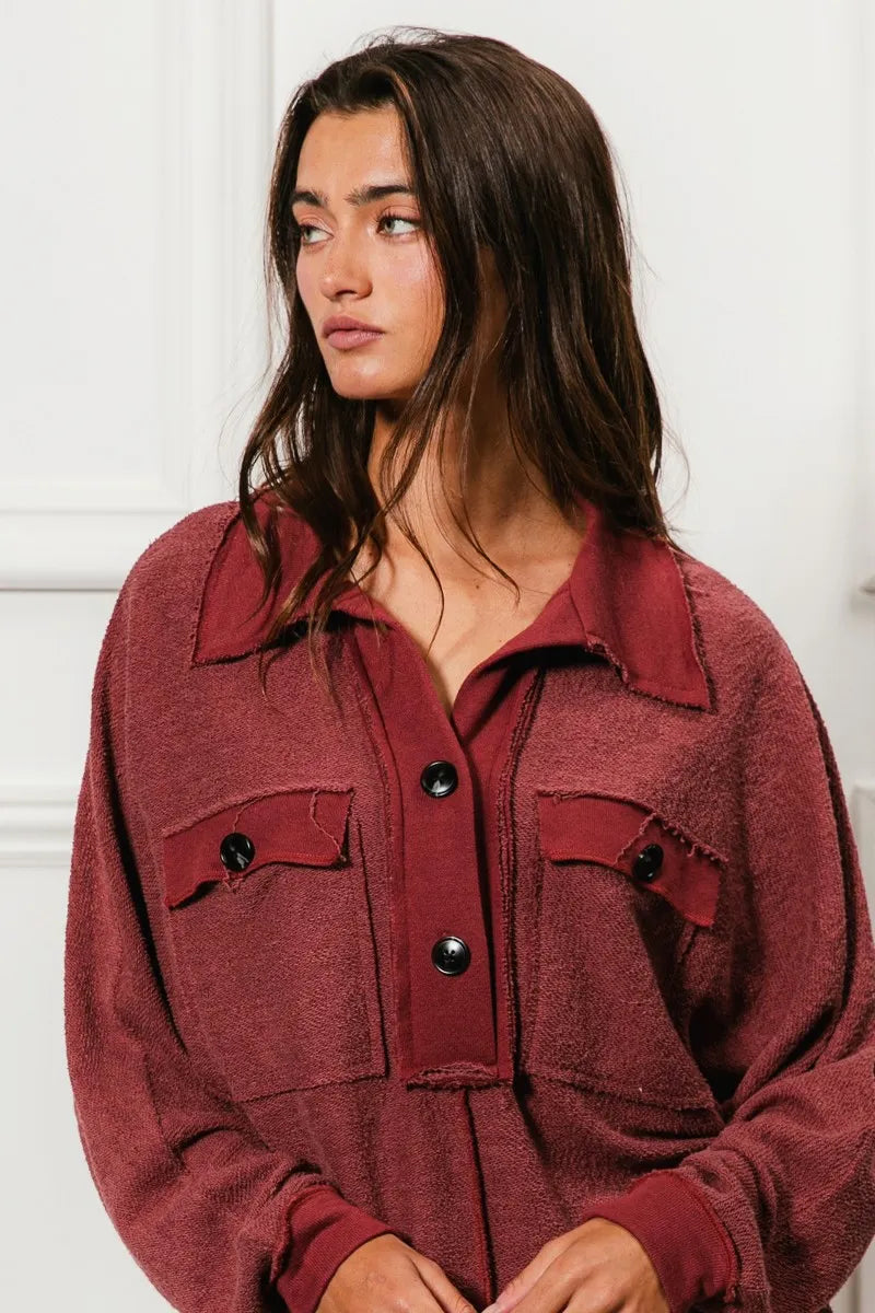 BiBi Marsala French Terry Cut Edge Detail Collared Long Sleeve Top