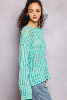 POL Aqua Mint Openwork Round Neck Knit Top with Shiny Detail