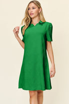 Double Take Quilted Textured Collared Neck Puff Sleeve Dress Mid Green Trendsi