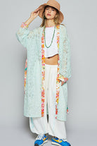 POL Pale Mint Floral Trim Lace Open Front Longline Cardigan