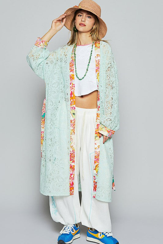 POL Pale Mint Floral Trim Lace Open Front Longline Cardigan