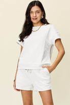 11 Colors- Double Take Quilted Textured Short Sleeve T-Shirt and Drawstring Shorts Set White Trendsi