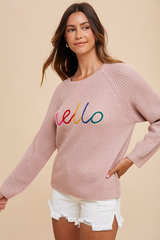 Annie Wear Mauve HELLO Embroidered Raglan Sleeve Sweater