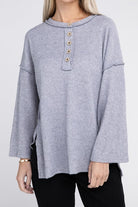 ZENANA Ribbed Brushed Melange Hacci Henley Sweater H GREY ZENANA