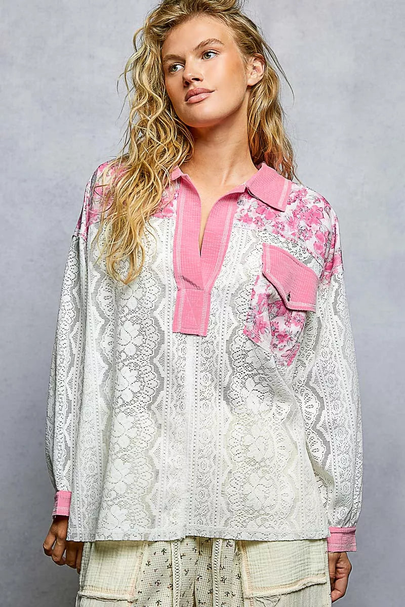 POL Candy Pink Floral Print Long Sleeve Lace Shirt with Front Pocket