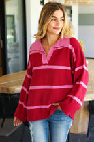 Haptics Crimson & Pink Collared Neck Striped Contrast Sweater Crimson Pink Trendsi