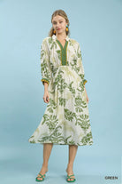 Umgee Green Tropical Print Button Detail Midi Dress