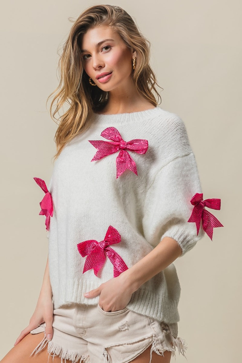 BiBi Ivory & Fuchsia Sequin Bow Puff Sleeve Sweater Ivory Fuchsia Trendsi