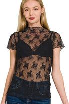 Zenana Black Lace See-through Layering Short Sleeve Top BLACK