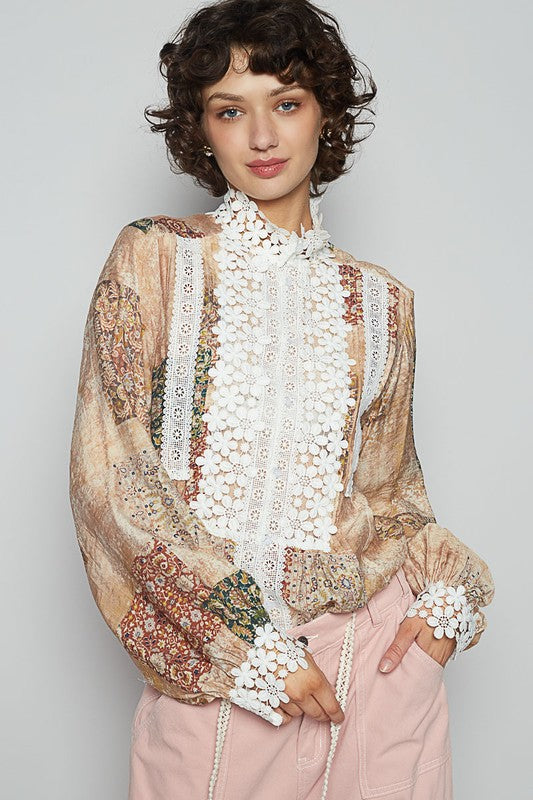 POL Mocha Lace Detail Printed Button Down Shirt