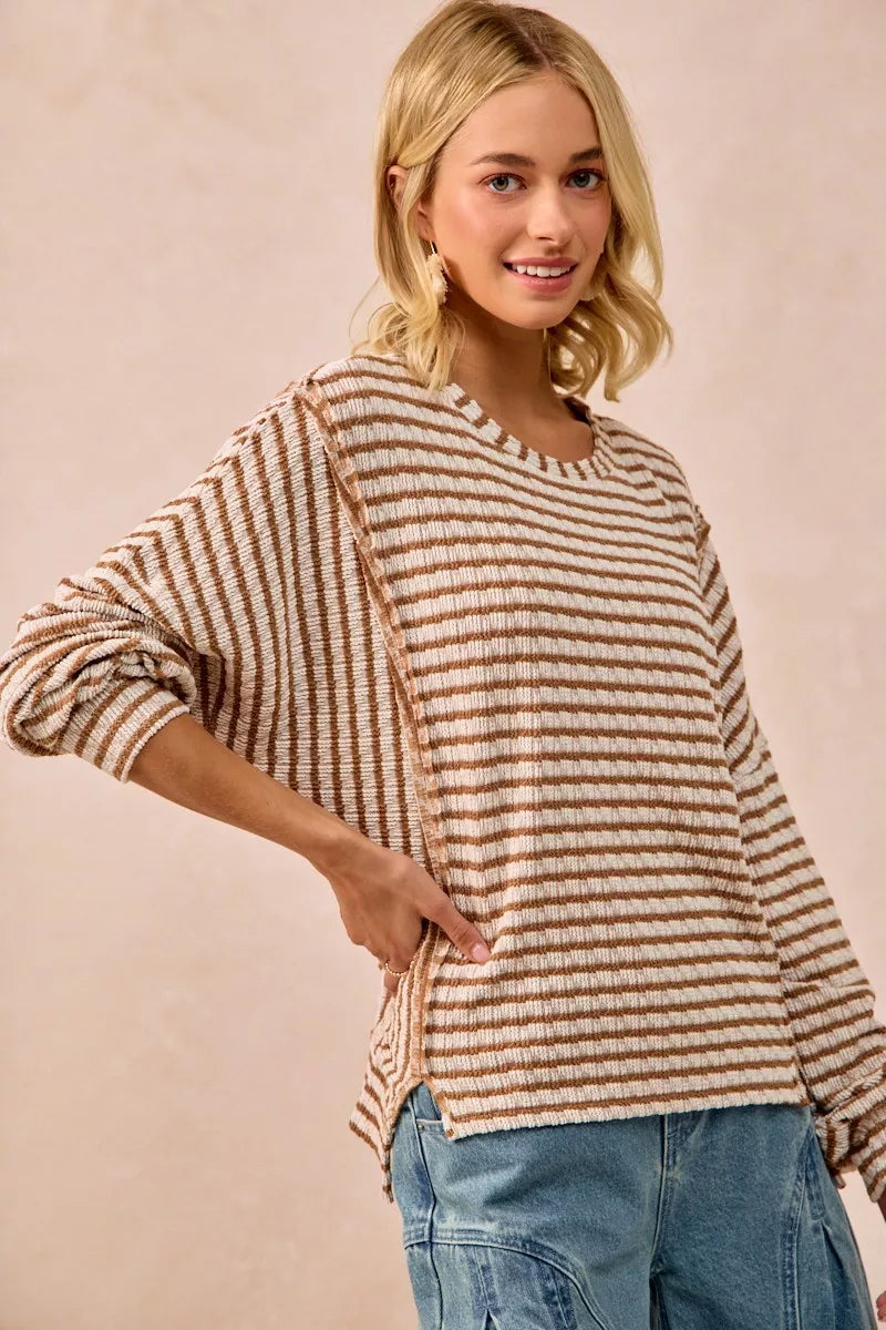 BiBi Camel Open Seam Detail Textured Stripe Knit Top