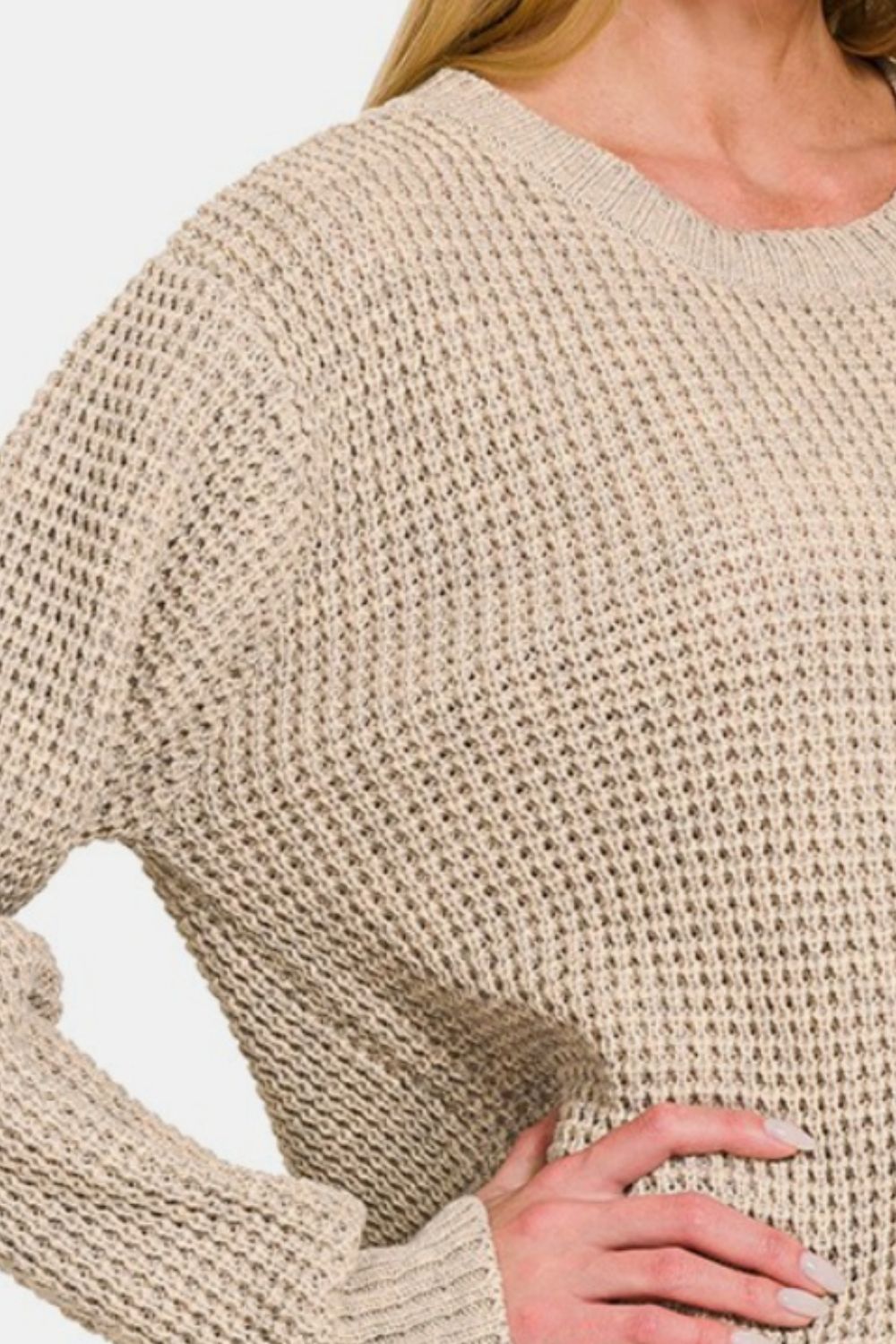 Zenana Heather Beige High Low Long Sleeve Waffle Knit Sweater Trendsi