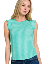 Zenana Mint & White Ribbed Ruffle Trim Sleeveless Stripe Top MINT WHITE