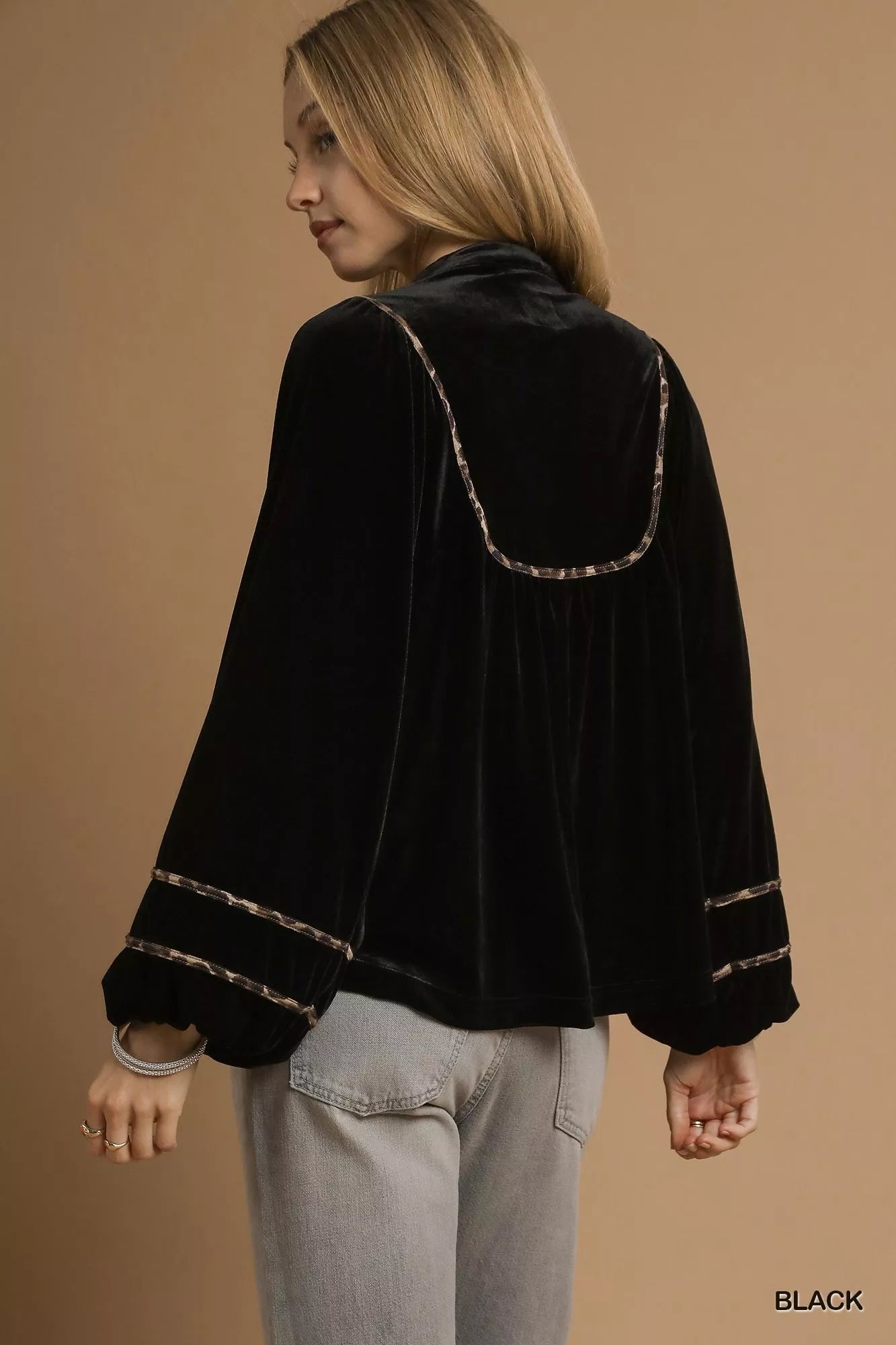 Umgee Black Velvet Long Sleeve Blouse with Leopard Contrast Trim