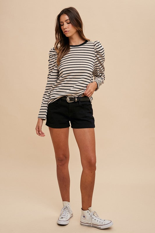 Annie Wear Black Striped Round Neck Puff Sleeve French Terry Top