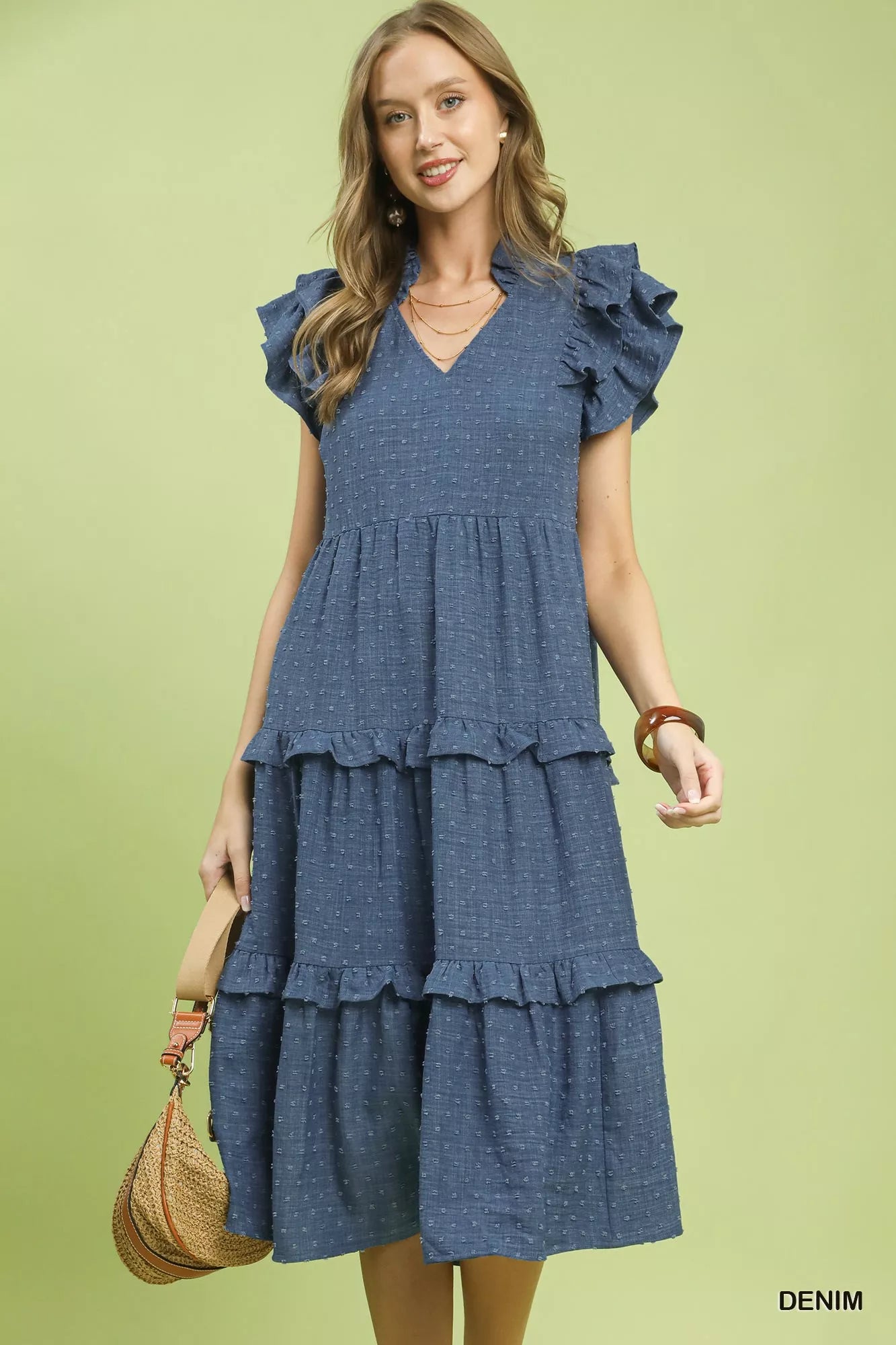 Umgee Denim Textured Ruffle Sleeve Tiered Midi Dress DENIM