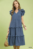 Umgee Denim Textured Ruffle Sleeve Tiered Midi Dress DENIM