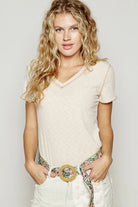 POL Almond V-Neck Short Sleeve Ribbed T-Shirt with Contrast Overlock Stitching