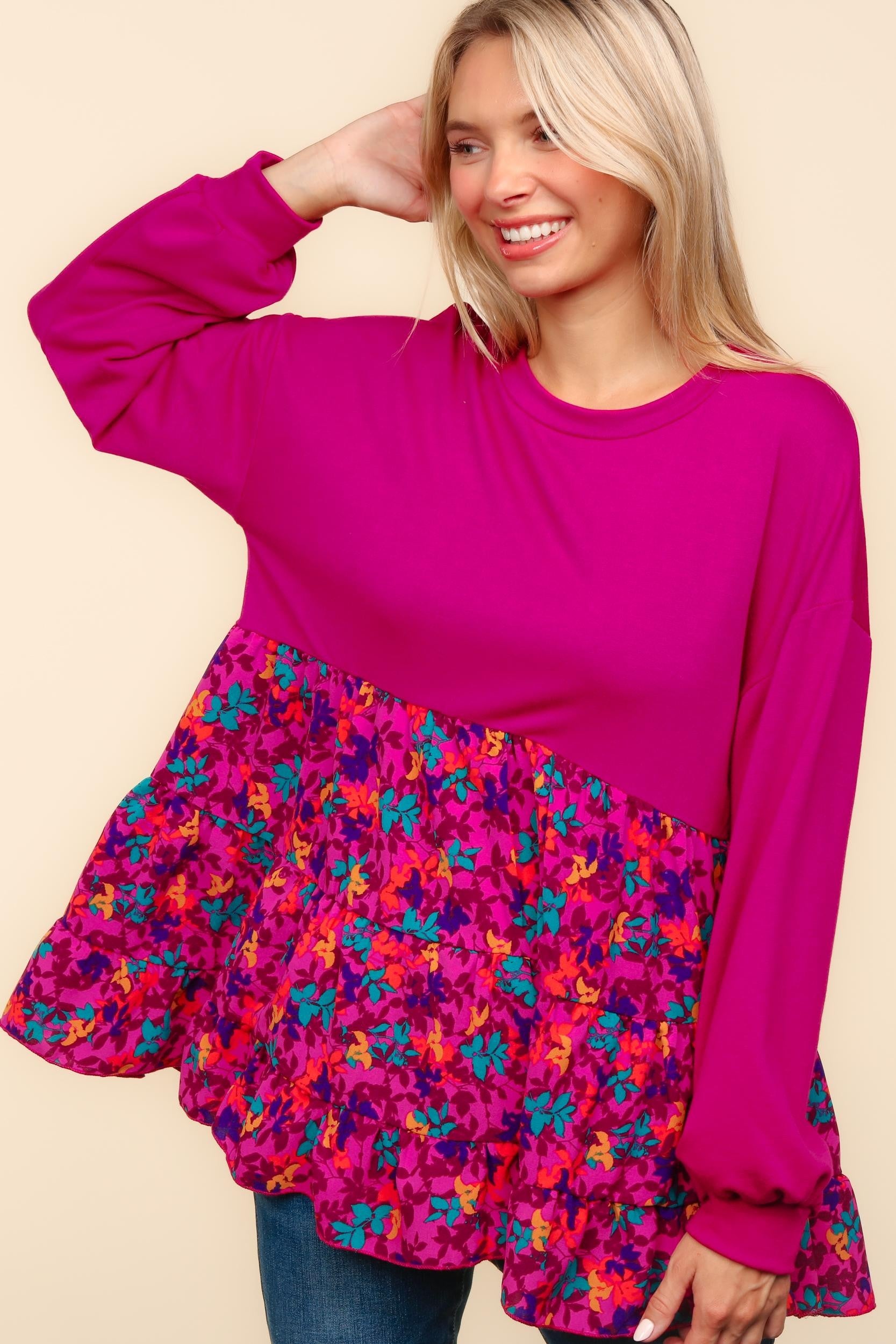 Haptics Berry Drop Shoulder Long Sleeve Babydoll Twofer Top