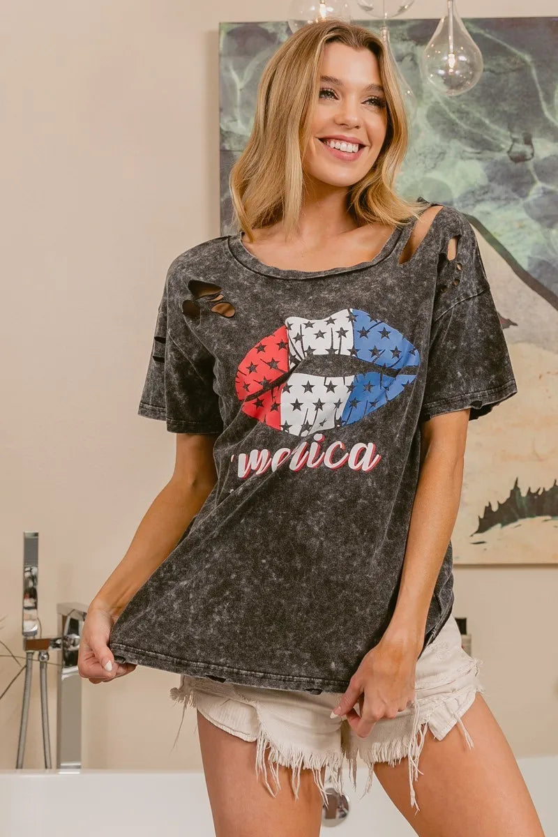 BiBi Laser Cut Mineral Washed Old Glory Lip Print Top in Black Charcoal