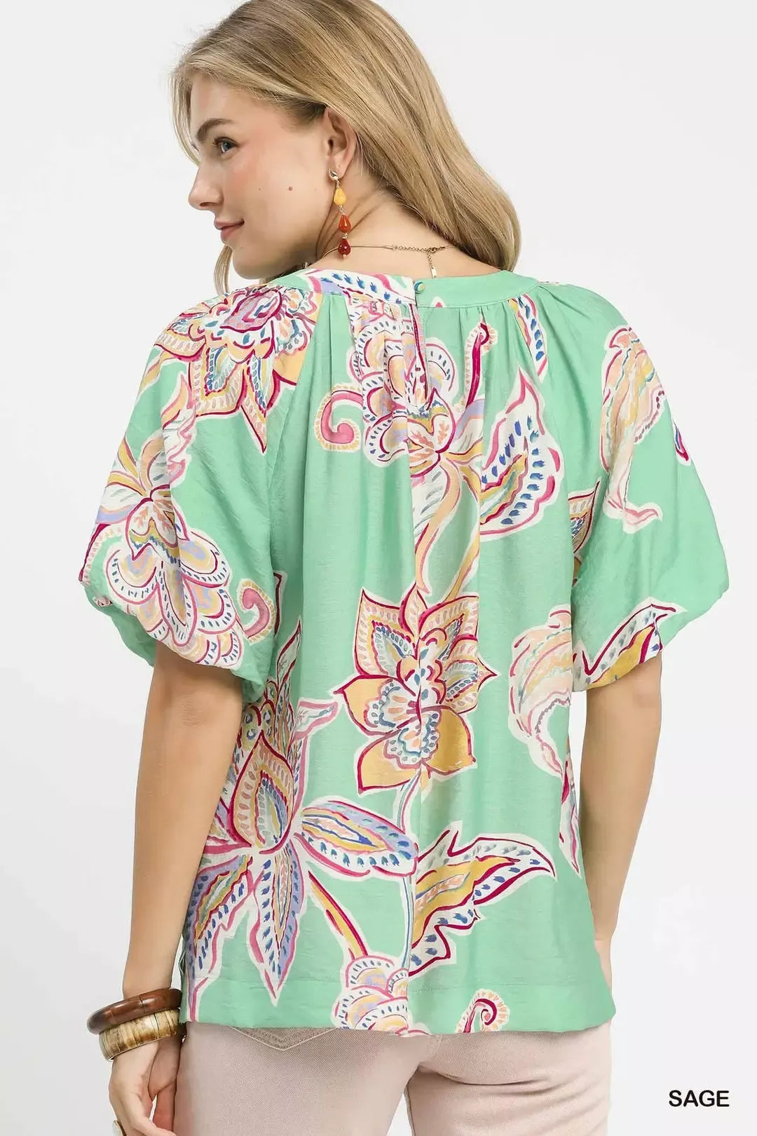Umgee Sage Paisley Print Puff Sleeve Blouse