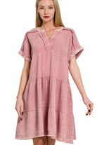 Zenana Light Rose Washed Double Gauze Raw Edge V-Neck Dress LT ROSE