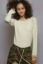 POL Cream Round Neck Long Sleeve Contrast Stitching T-Shirt with Stud Detail Cream