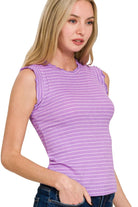 Zenana Bright Lavender Ribbed Ruffle Trim Sleeveless Stripe Top