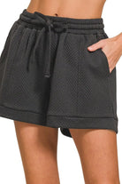 Zenana Textured Knit Jacquard Drawstring Shorts BLACK