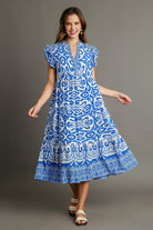 Umgee Blue Two Tone Border Print Ruffle Cap Sleeve Midi Dress