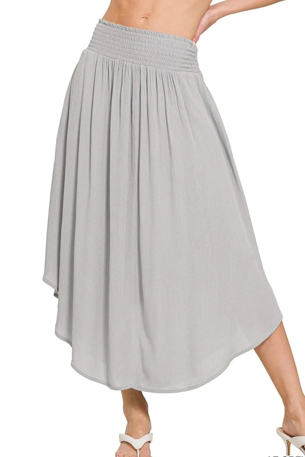 Zenana Light Gray Woven Crinkle Smocked Waist Maxi Skirt W Pockets