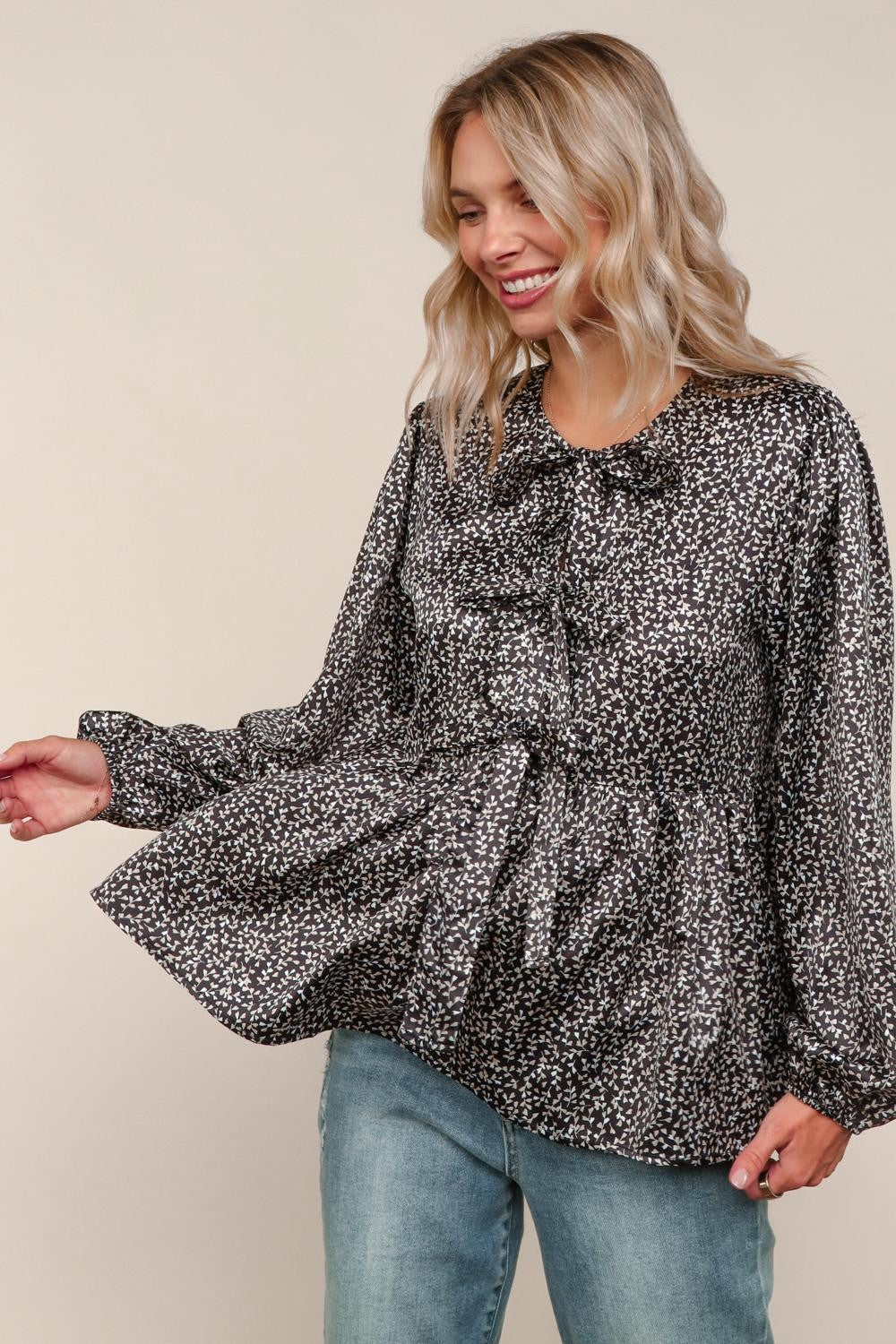 Haptics Black Floral Woven Blouse with Ribbon Bow Tie Detail