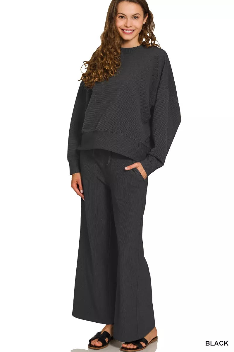 Zenana Black Ribbed Round Neck Pullover and Drawstring Pants Set
