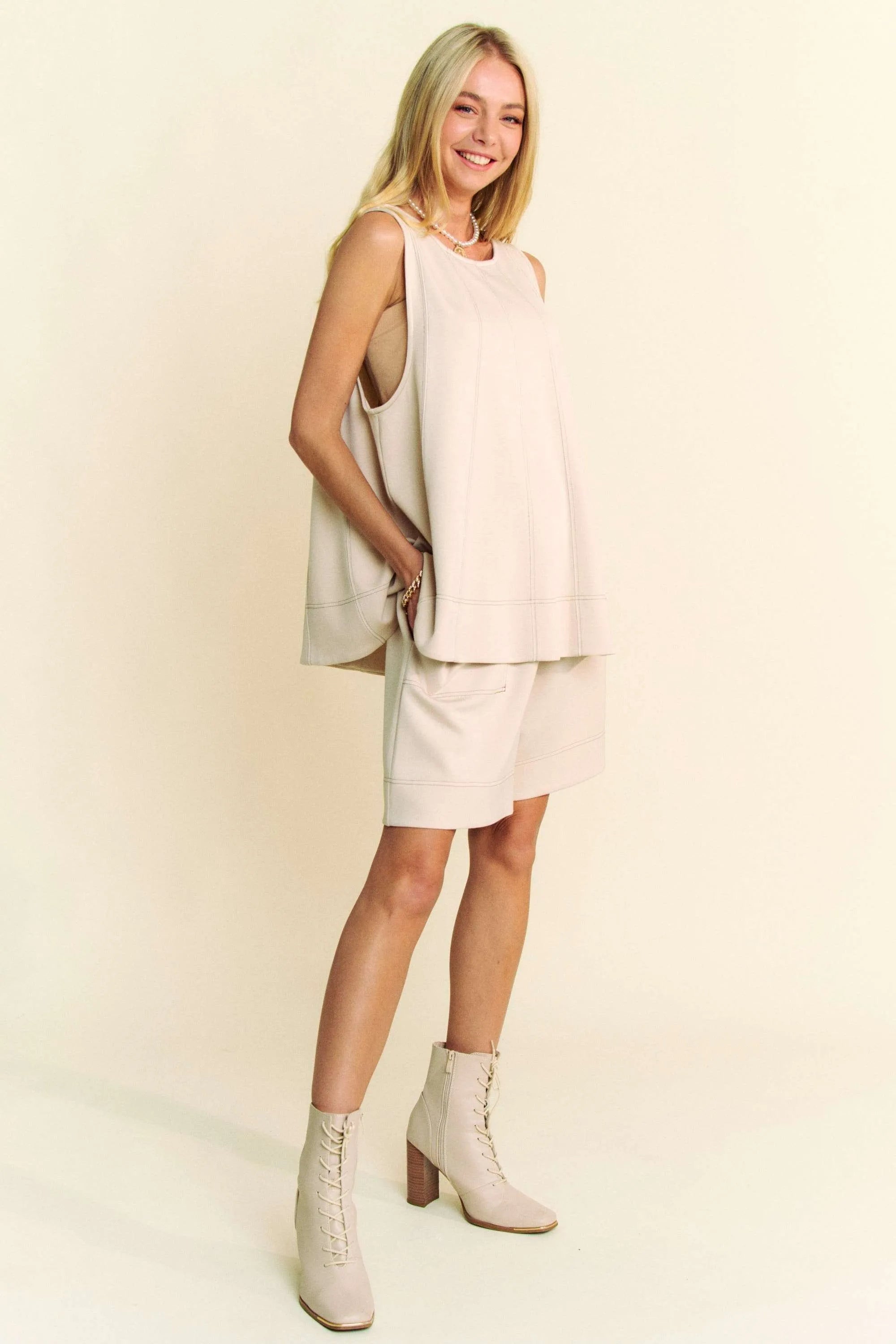 Davi & Dani Beoge Contrast Seam Top and Short Set