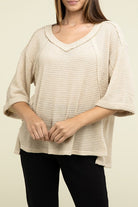 Zenana Brushed Waffle Exposed-Seam 3/4 Sleeve Top BEIGE ZENANA