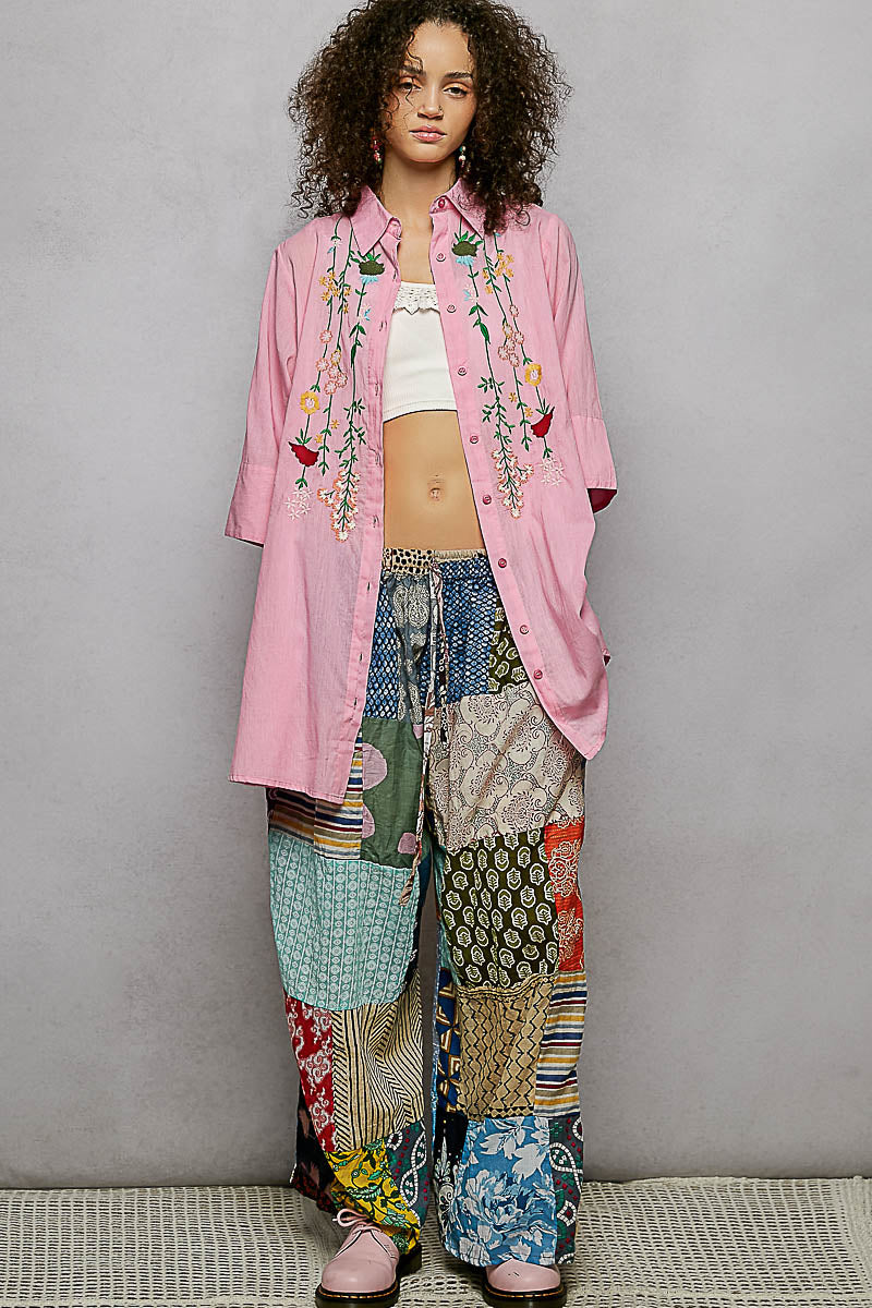 POL PinkFloral Embroidered Half Sleeve Cotton Shirt