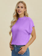 Double Take Mock Neck Short Sleeve Sweater Purple Shirts & Tops