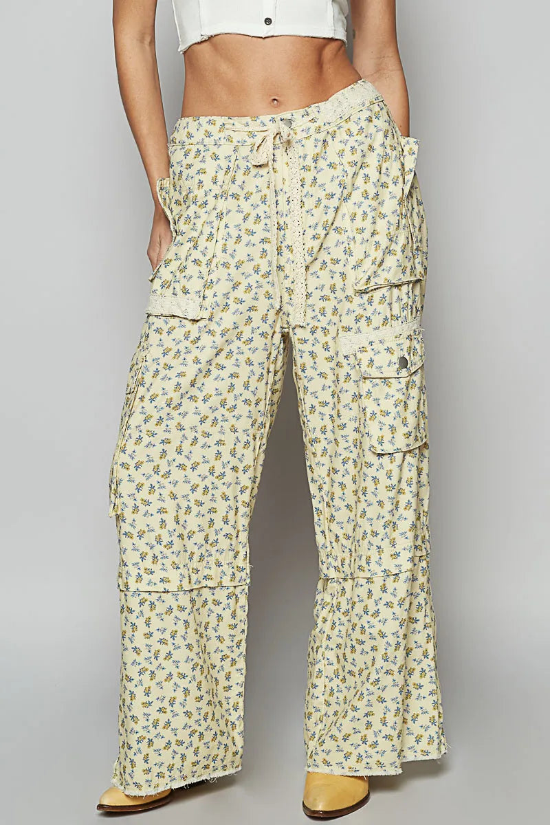 POL Vanilla Floral Lace Drawstring Cargo Pants VANILLAFLORAL
