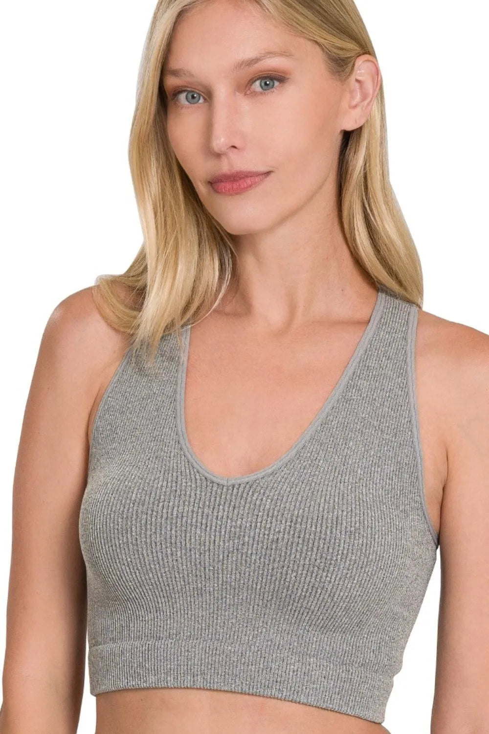 Zenana Heather Gray Seamless Ribbed Cropped Racerback Tank Top H GREY