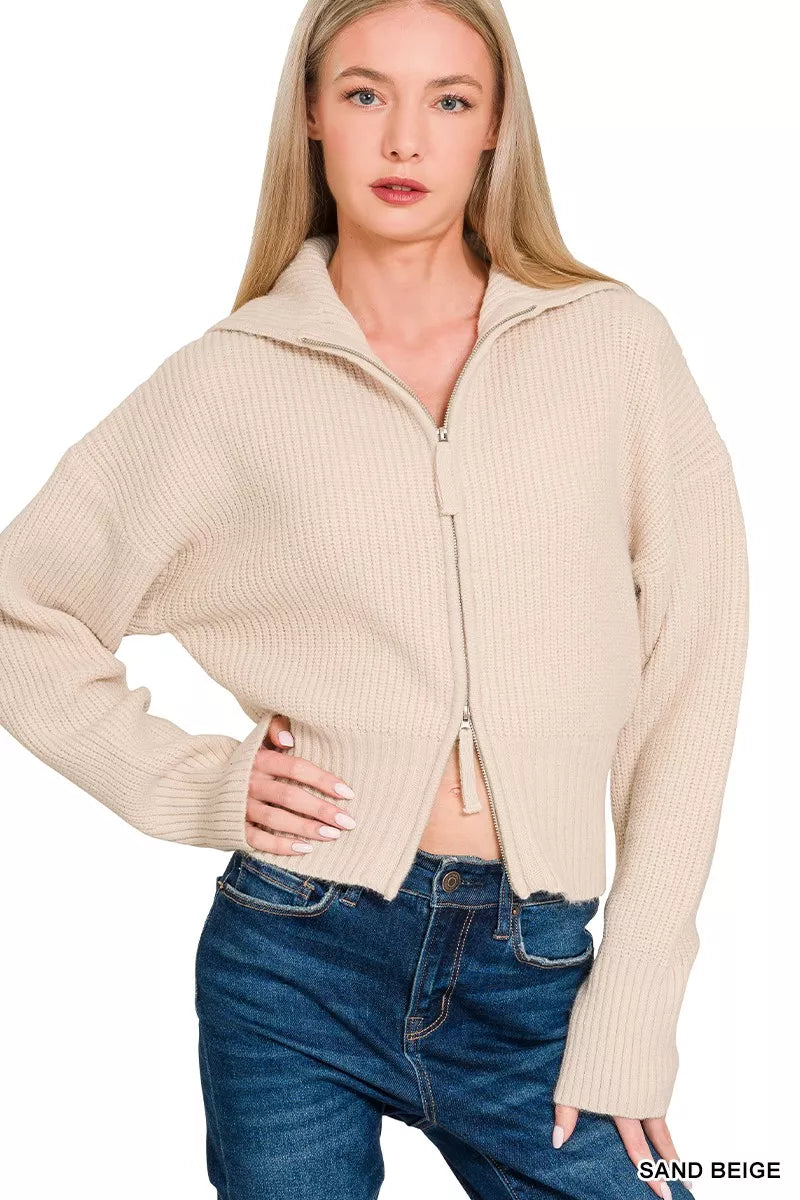 Zenana Sand Beige Ribbed Collared Zip Up Sweater Cardigan SAND BEIGE