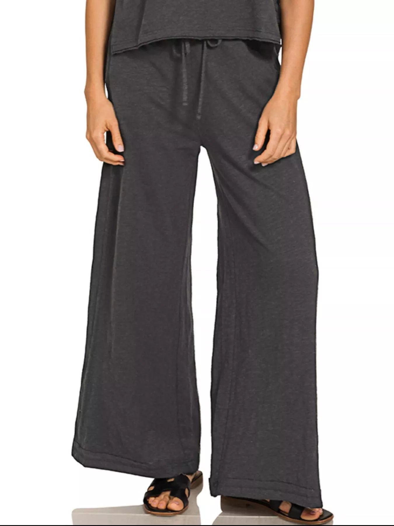 Zenana Black Cotton Slub Short Sleeve Tee and Pants Set